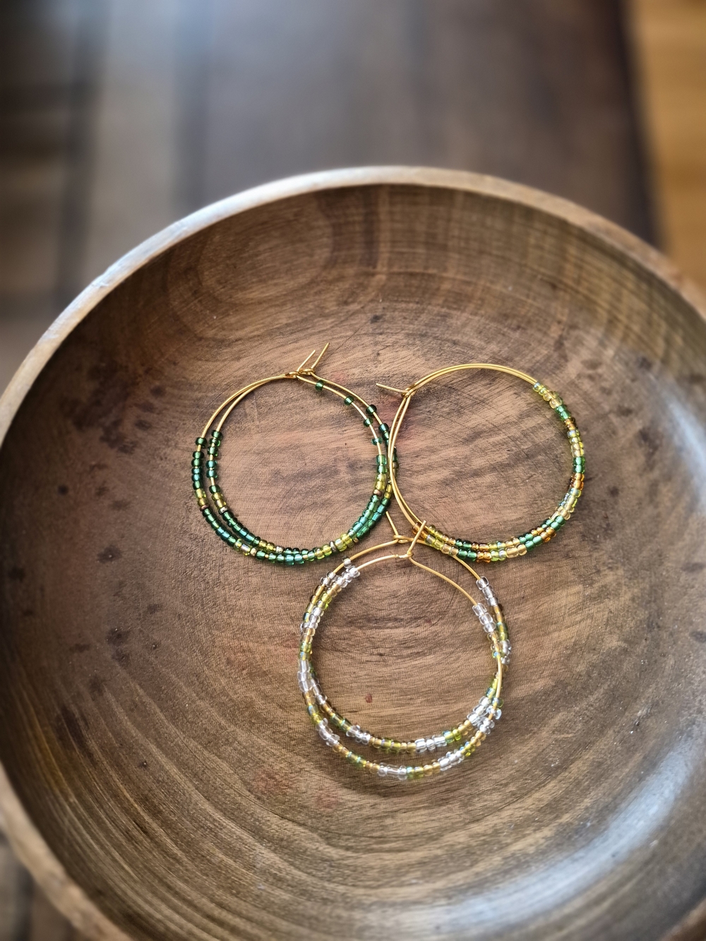 Shades Of Green Hand Beaded Hoop Earrings - 3 Pairs